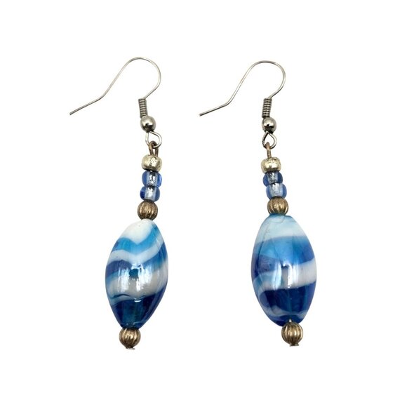 Blue White Swirl Dangle Drop Earrings Glass Hook Silver Tone Oceanic Spiral Lobe - Picture 1 of 4